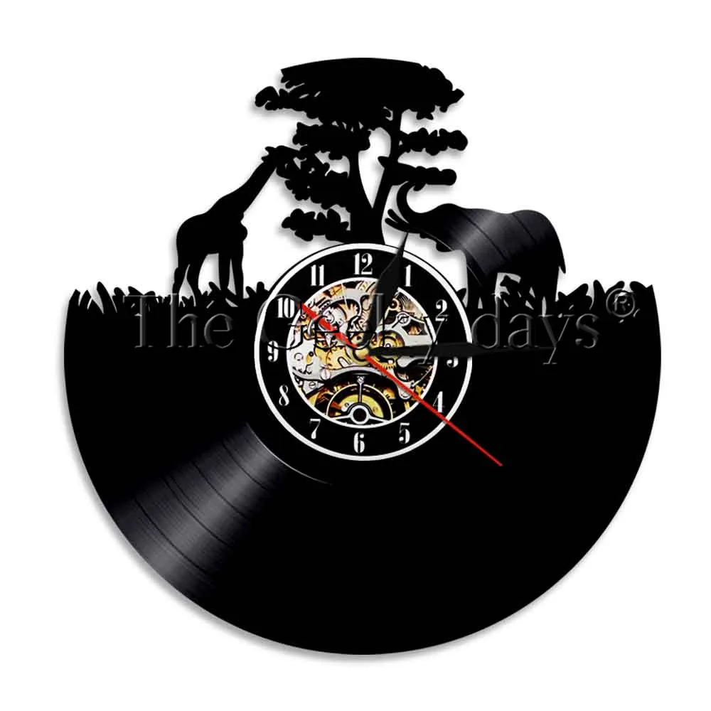  Giraffe And Elephant African Sunset Vinyl Record Wall Clock Mother and Baby Animal Safari Wildlife Wild Nature | Дом и сад