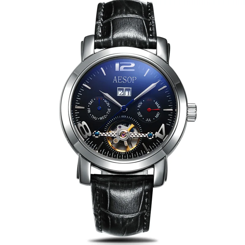 

AESOP Black Automatic Mechanical Men Watch Men top brand luxury Genuine Leather Fashion Male Clock Relogio Masculino Hours