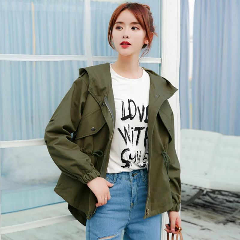 

BF Wind Coat Jackets Women Vintage Long Sleeve Drawstring Jacket Female Spring Casual Zip Up Button Jackets Chaqueta Mujer
