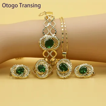 

Otogo Transing 2019 Round Green Cubic Zirconia Gold Color Jewelry Sets For Women Earring Pendant Necklace Ring Bracelet SET211