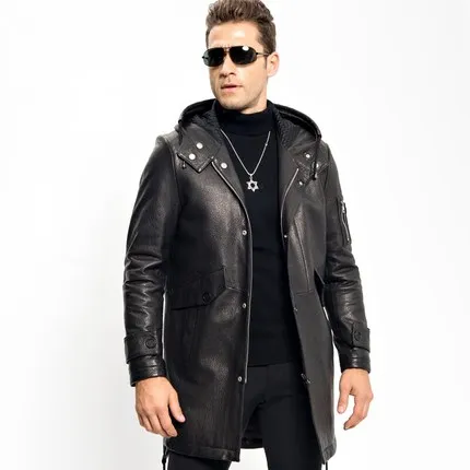Black Leather Hooded Down Jacket Smart Casual Men's X Long Down Coat ...