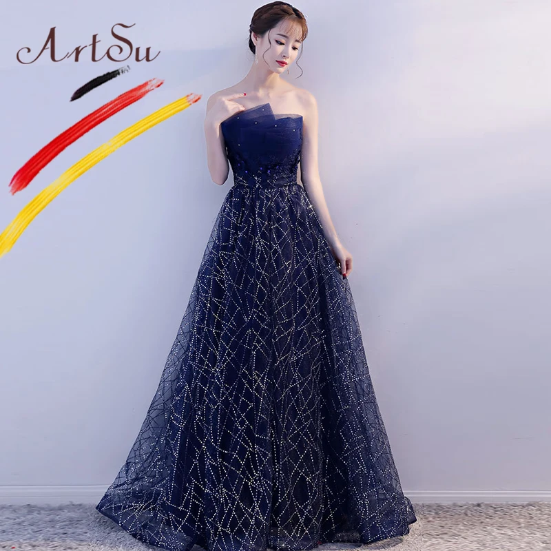 

ArtSu Women Strapless Floor-Length Sequin Party Dress Navy Blue Elegant Floral Embroidery Maxi Bandage Mesh Tutu Dress Ball Gown