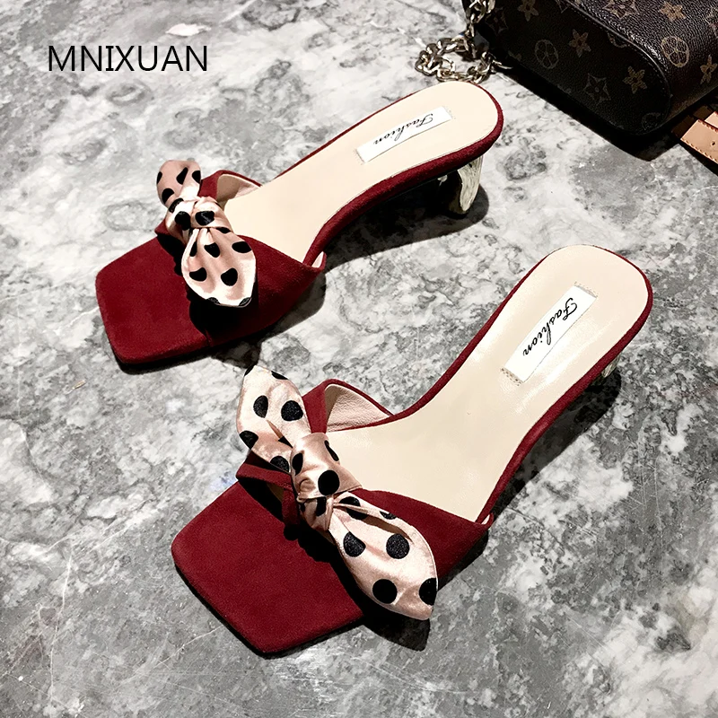 

MNIXUAN Elegant sweet women shoes slippers sandals high heels 2019 summer new sheep suede butterfly-knot slides big size 34-43