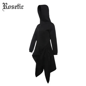 

Rosetic Women Hooded Black Casual Sweatshirt Dark Gothic Irregular Hooded Street Casual Outerwear Female Punk Goth Warm Wear