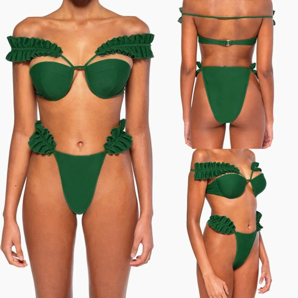 

Ladies Bikini Cut Flowers Bikinis Set Pushups Filled Bra Swimsuit Push-Up Pad Swimwear Beach Bathing Suit Beachwear Green #A12