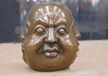 

China folk Bronze Copper happy or angry sad or joyous 4 face buddha head St Joys and sorrows Four-sided figure sculpture