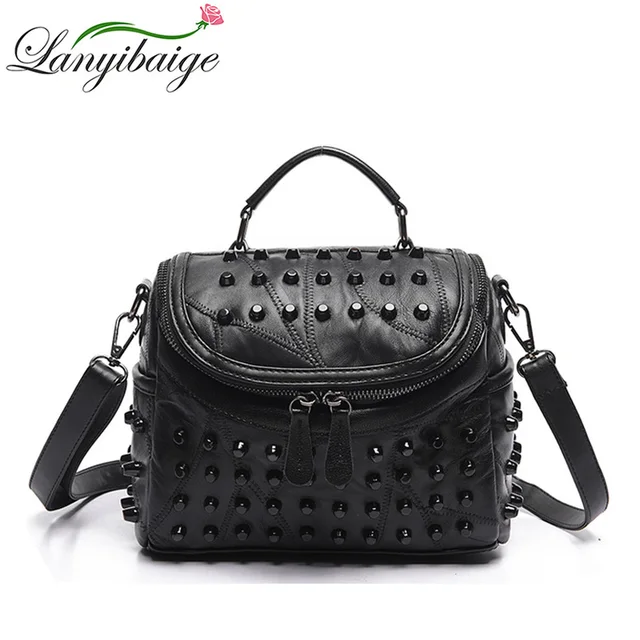 Fashion Women Messenger Bags Black Rivet Genuine Leather Shoulder Bag Sac a Main Crossbody Bags For Women Designer Handbags