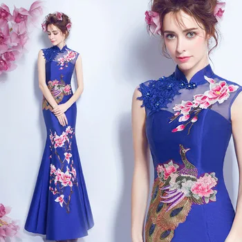 chinese style wedding traditional elegant cheongsam dress lace red blue white qipao long dragon and phoenix long mermaid
