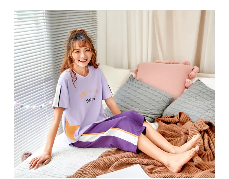 Лето 2019 хлопок пижамы костюм мультфильм повседневные Женщины с коротким рукавом шорты 2 шт. сладкий лук кружева Письмо печати пижамы