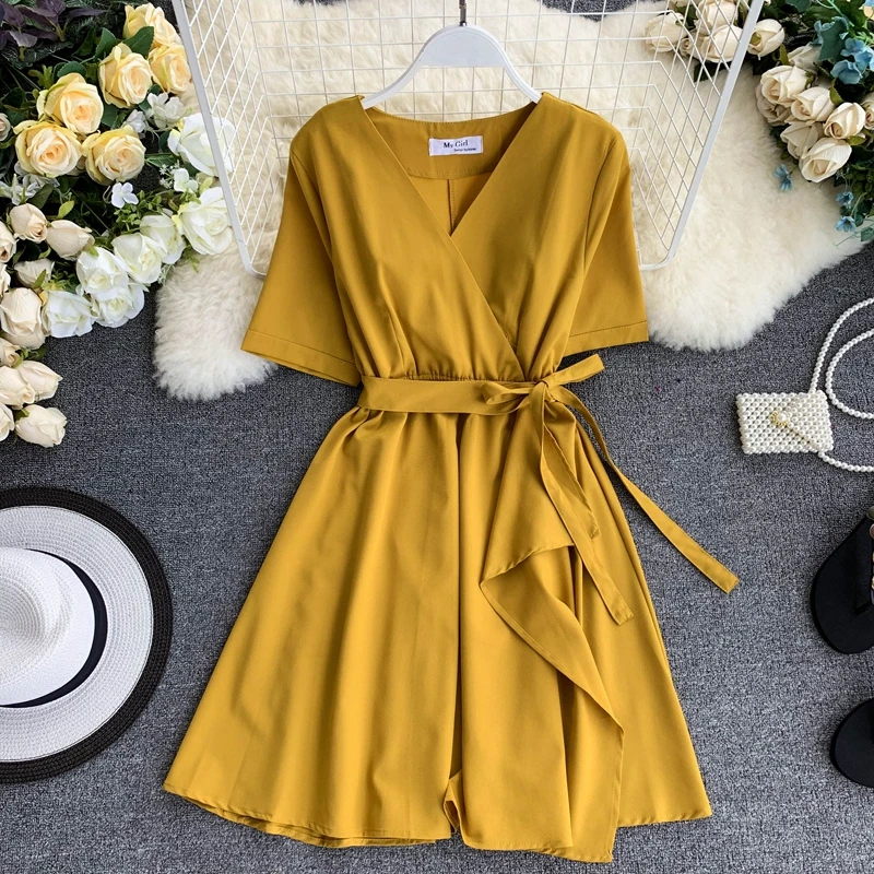 

Women Pure Color Simple V-neck Short Sleeve High Waist Strap Irregular Casual Dress Solid Color Elegant Vestidos F806