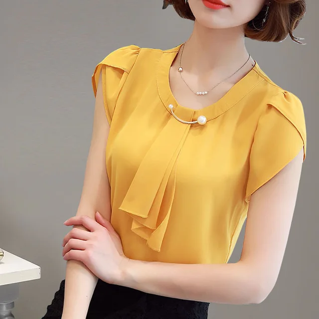 US $8.09 Summer Blouse Women Chiffon Shirt Office Work Slim Tops Short Sleeve Shirts Korean Bow Neck Ruffle