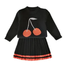 Вязаный пуловер с вишневым принтом для маленьких девочек от 2 до 6 лет, свитер с плиссированной юбкой Модный повседневный комплект из двух предметов для девочек
