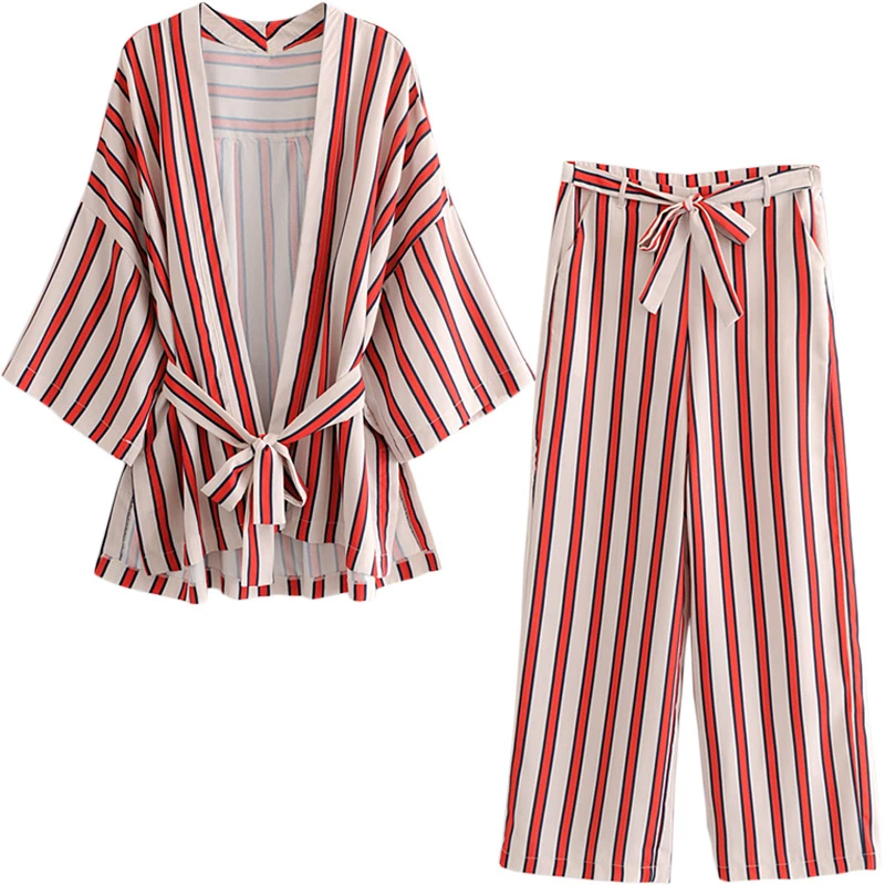 

Set female 2018 summer new temperament fashion tie kimono striped loose jacket + casual trousers elegant casual two-piece suit