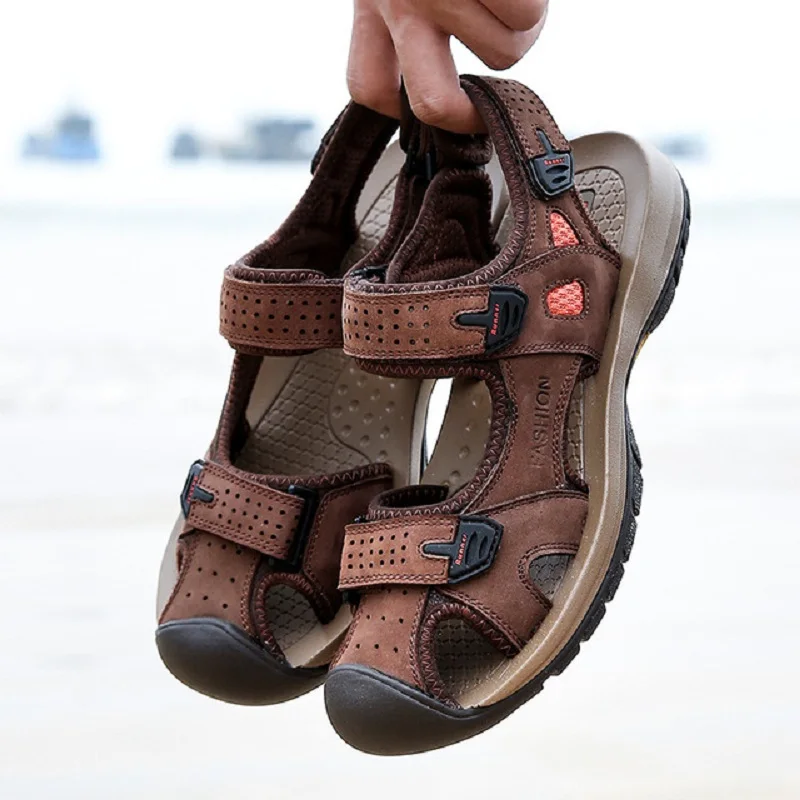 Amarelo Loop Da Ar Anit Flats Masculinos Praia Homens cáqui Sapatos Em Plataforma choque Do Couro Verão Aa10306 chocolate Gancho Sandálias Respirável Genuíno Livre Ao xOf1HWq
