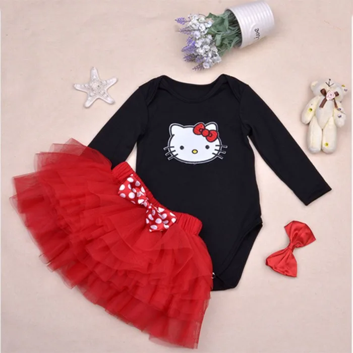 Baby Ruffle Skirts Set Lovely Cat print Girls Saia Tutu Pettiskirt Party Dance Skirt Sets Crossbones Bodysuit and Headband