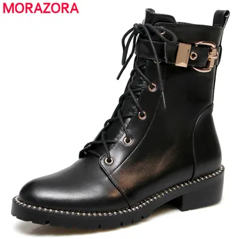 

MORAZORA 2020 new arrival women ankle boots round toe lace up buckle autumn winter Motorcycle Boots woman genuine leather shoes
