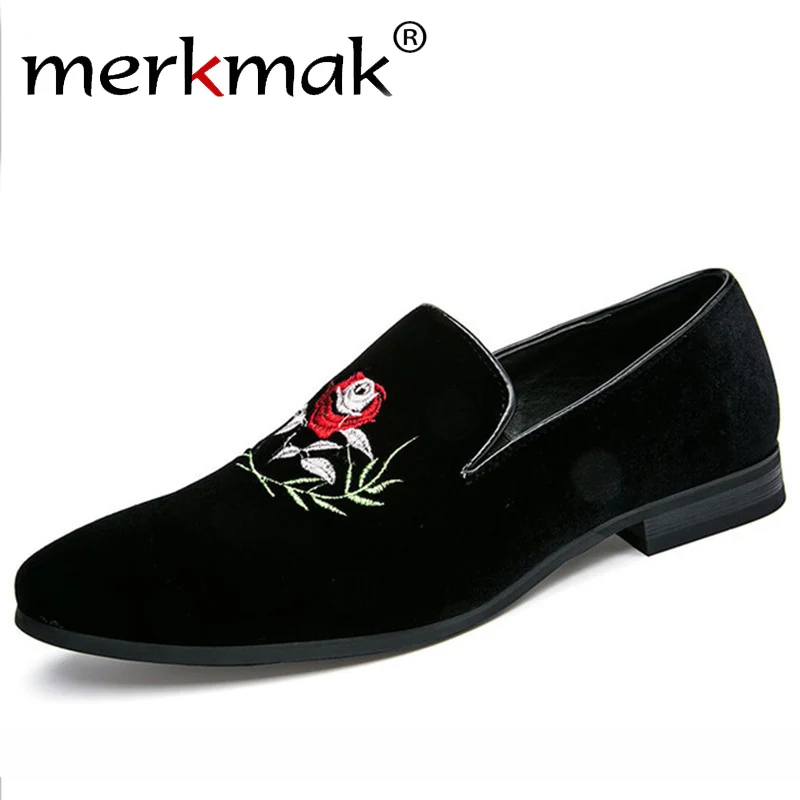 

Merkmak Italy Fashion Design Men Loafers Rose Flower Embroidery Men Leather Shoes Mens Casual Flat Loafer Party Wedding Shoes