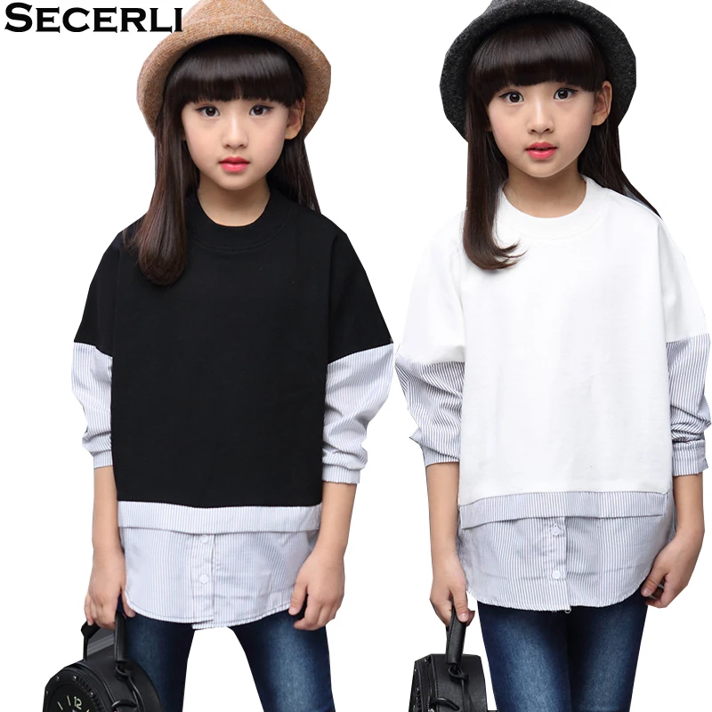 

2018 Autumn Kids Girls Sweatshirts 4 To 15 Years White Black Children Knitted Girls Hoodies Long Sleeve Girls Patchwork T-Shirt