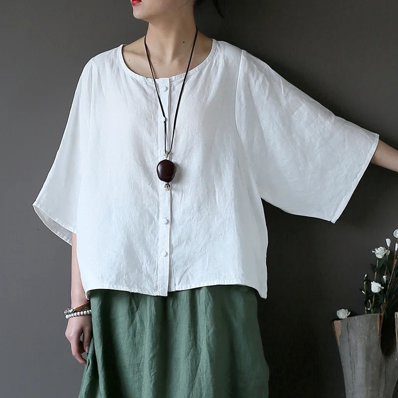

100% Linen Chinese style Solid Red White Black Women Blouse Shirt Summer Causal Vintage Linen Shirt Cute Tops Femme Blusas A201