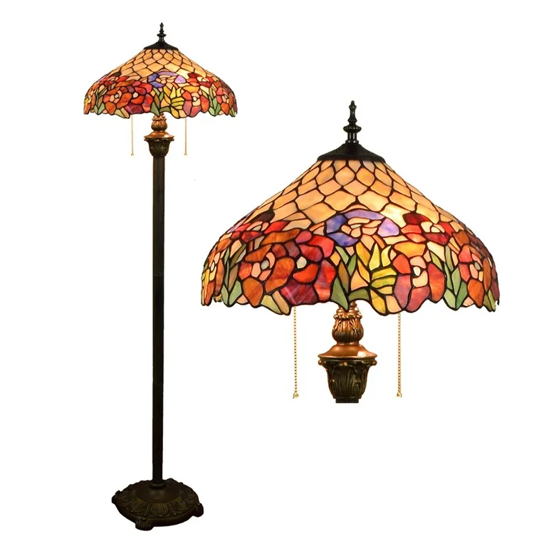 16inch Tiffany Flesh Country Flowers Stained Glass floor lamp E27 110-240V for Home Parlor Dining bed Room