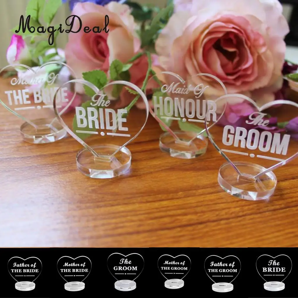 MagiDeal Clear Love Heart Wedding Table Centerpiece -The Bride/GroomMother/Father Name Plaque for Wedding Party Favor Supply 