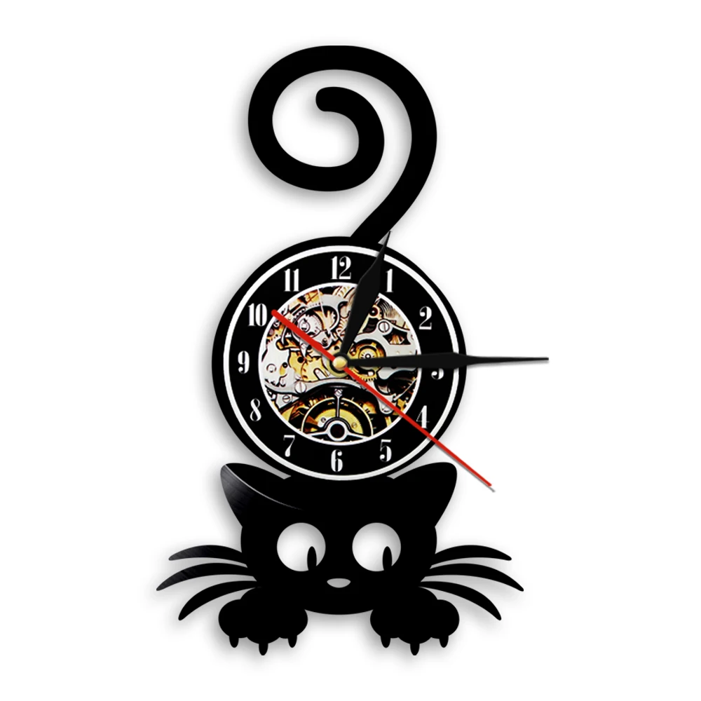1 шт косо Cat Виниловая пластинка настенные часы современный настенный светильник котенок с забавными хвост Home Decor Часы настенные Art подвесной светильник LED