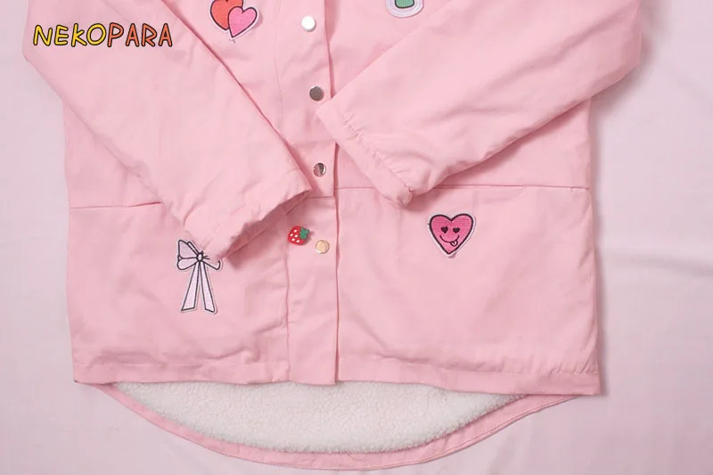 Милое розовое кашемировое пальто на зиму с кроликом на спине, теплая верхняя одежда в стиле Лолиты, куртка с меховой отделкой