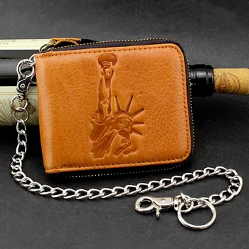 

Statue of Liberty Embossing Biker Zip Clutch Leather Wallet With Chain