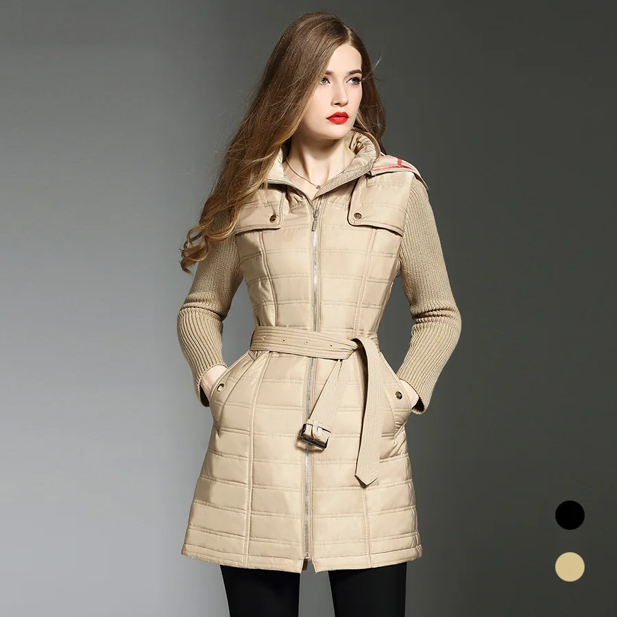 Fashion women's belted parkas coats 2018 Autumn winter knitting sleeves