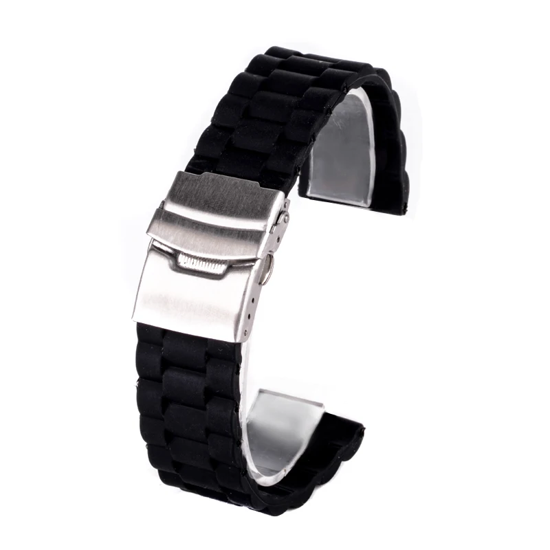 Shellhard 20mm 22mm Black Silicone Watch Strap Rubber Wrist Watch Strap Band Stainless Steel  Deployment Buckle Black