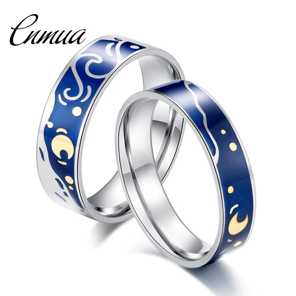 Модное романтическое кольцо из титана и стали с эмалью Ван Гога, парные кольца с небесными звездами и луной, серебряные блестящие кольца, свадебные ювелирные изделия для женщин