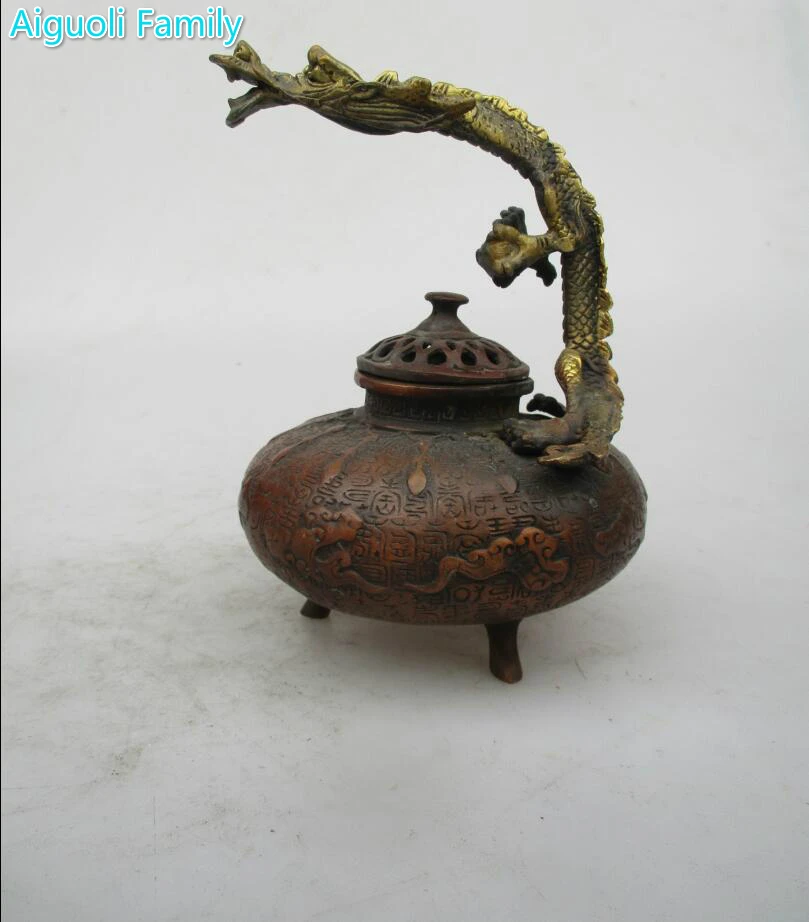 

Asian Antique Old Copper Gilt Style Hand Carved Dragon Censer/Home Decoration Chinese Qing/Ming Dynasty Incense Burner 00012