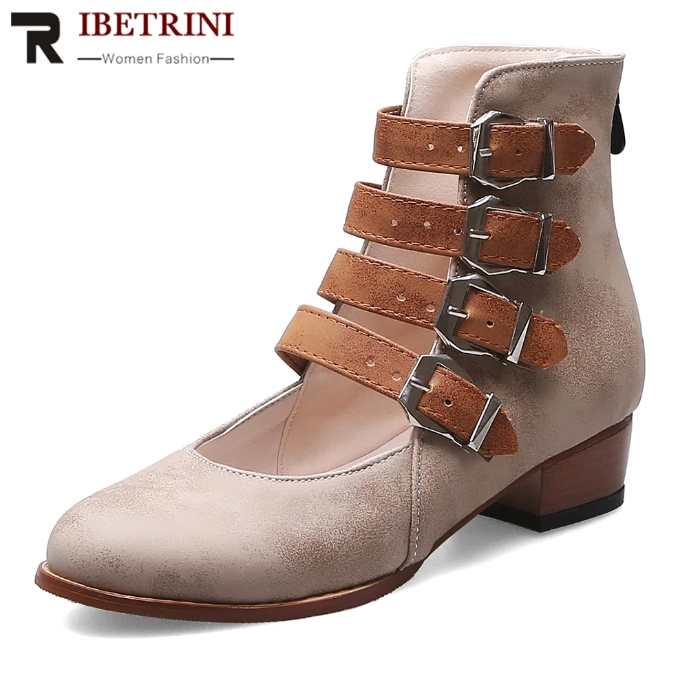 

RIBETRINI New Hot Dropship 2019 Buckles Summer Boots Woman Shoes Thick Heels Black Beige Zipper Shoes Woman Boots Female
