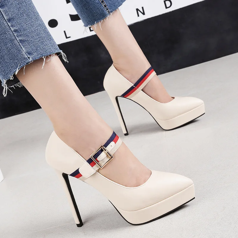 

Spring Fall Buckle Mary Jane Shoes with Heels 2018 High Heels Pumps Women Platform Shoes Red Blue Black Office Shoes Ladies