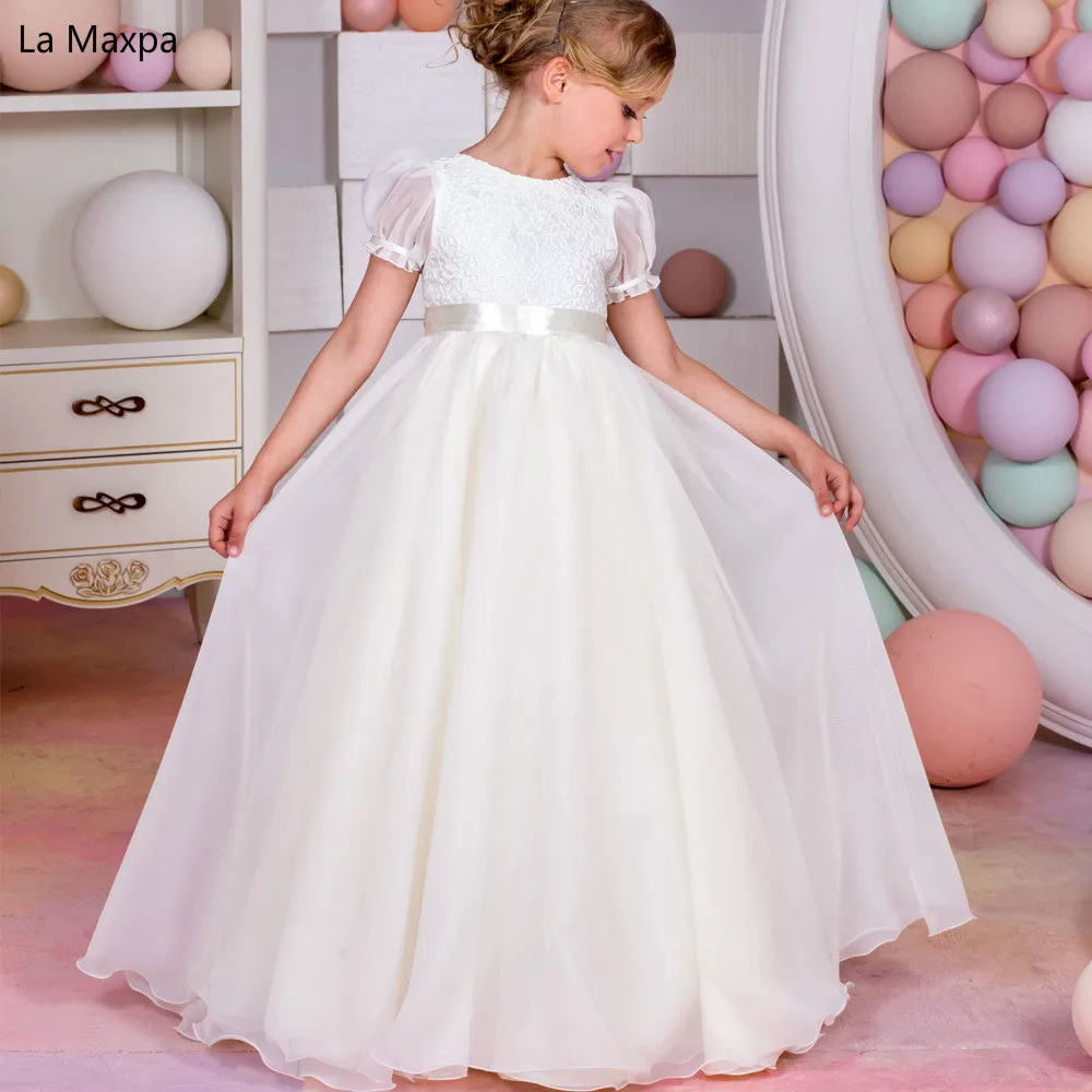 

New Children White Bubble Sleeve Lace Bowout Tie Chiffon Wedding Dress Flower Girls Birthday Party Dance Piano Host Show Dresses