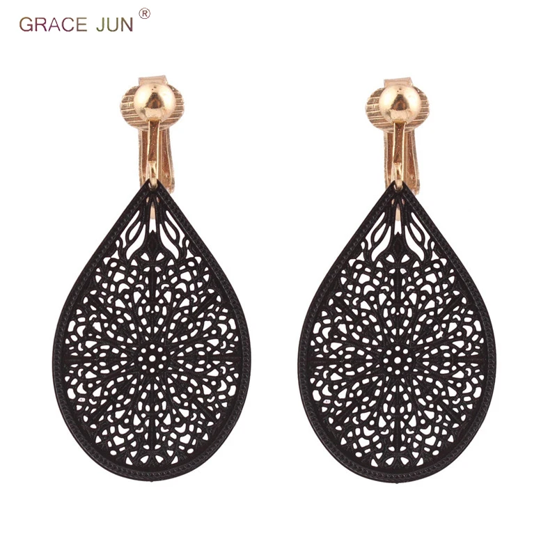 

GRACE JUN New Copper Material Water Drop Flower Pattern Clip on Earrings No Pierced for Women Party Lightweight Cuff Earrings