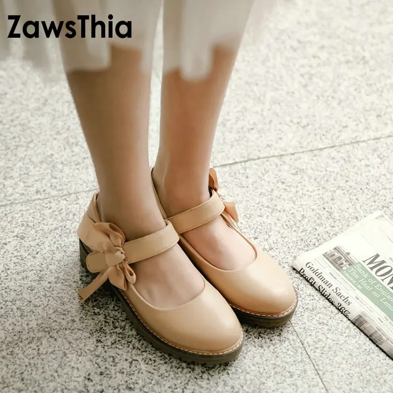

ZawsThia Sweet Girl Mary Jane Shoes Women's Flat Shoes Buckle Strap Sweet Lolita Flats Round Toe Ballet Dance Shoes With Bowtie
