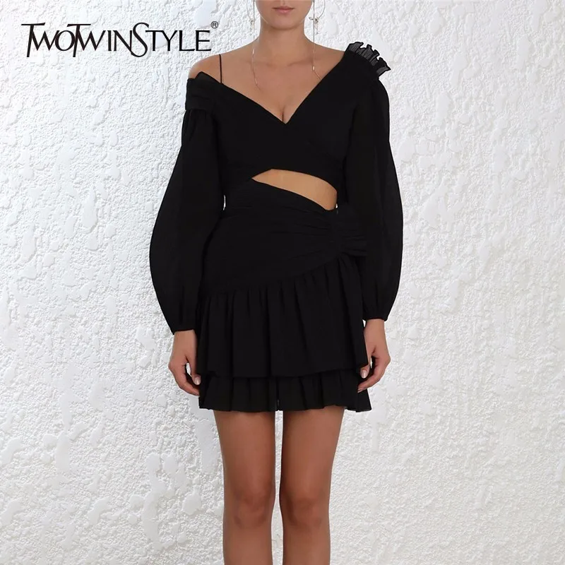 

TWOTWINSTYLE Hollow Out Dress Female Chiffon V Neck Off Shoulder Ruffles Lantern Sleeve High Waist Irregular Party Dresses 2019