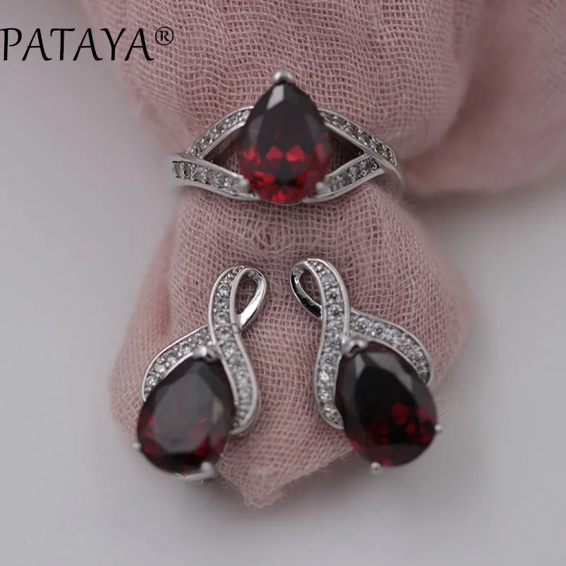 

PATAYA New Arrival Pomegranate Red Water Drop Natural Zircon Earrings Ring Sets Women True White Gold Trendy Bridesmaid Jewelry