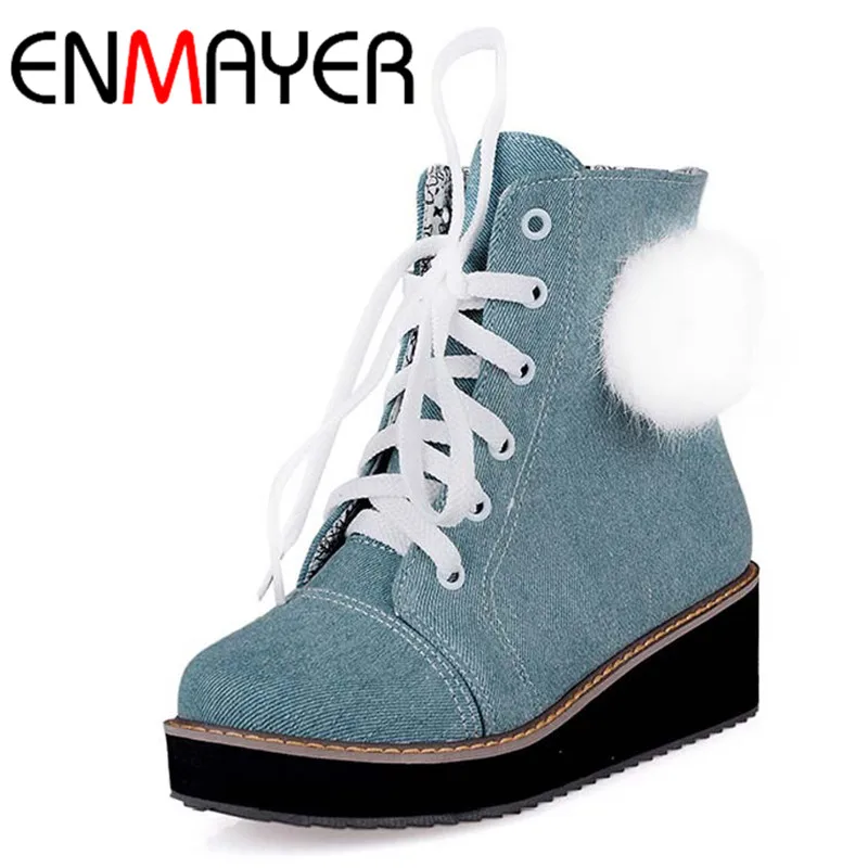 

ENMAYER Size 34-43 Women Shoes Winter Round Toe Ankle Boots Fashion Solid Less Platform Women Boots Lace Up Motorcycle Boots