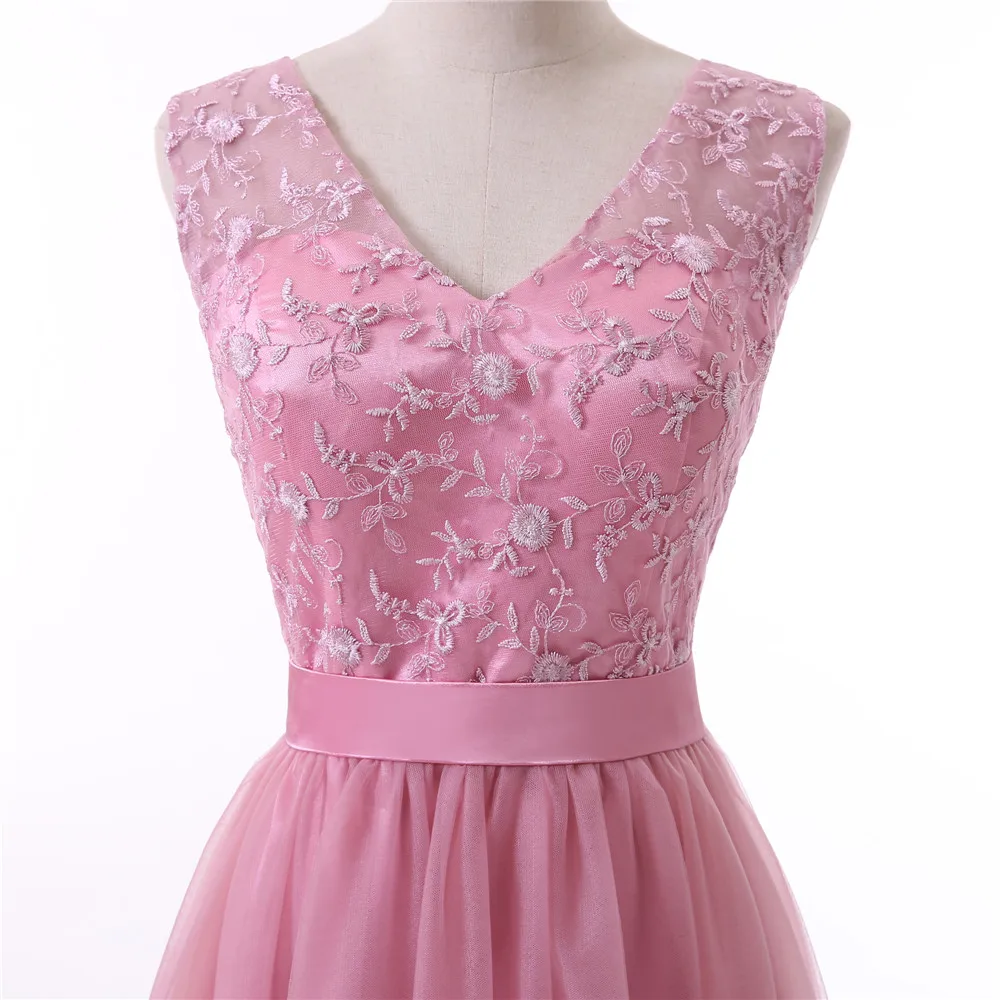 Pink A-line V-neck Cap Sleeves Tulle Embroidery Long Bridesmaid Dress