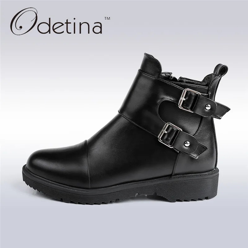 

Odetina 2017 Fashion Women Ankle Boots with Zipper Round Toe Chunky Low Heel Booties Double Buckle Short Boots Big Size 34-43