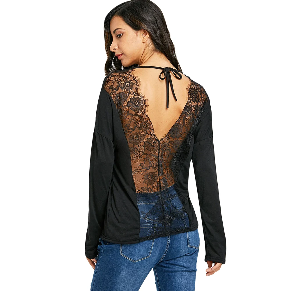 

Lortalen 2019 Women T-Shirts V-Neck Floral Lace Open Back Drop Shoulder T-Shirt Fall Spring Black Sexy Women T Shirt Ladies Tops