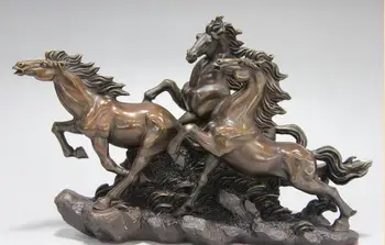 

China folk Copper Bronze Feng Shui auspicious Gallop Run Three Horses Art Statue