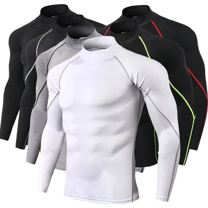 

2019 new fashion men's high collar fitness T-shirt long-sleeved sports running jacket elastic quick-drying stand collar sweater