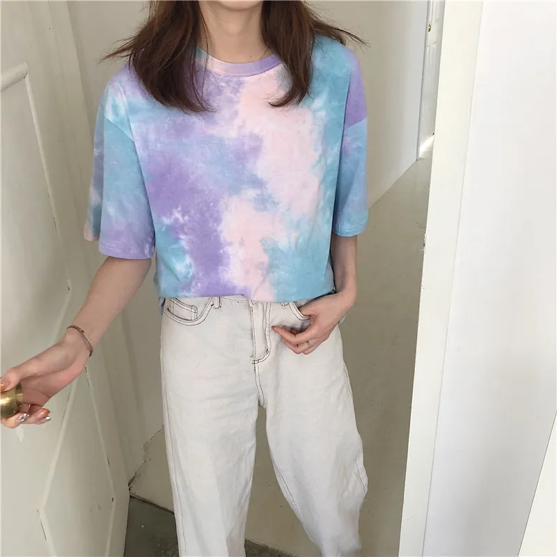 Футболка Cheerart Tie Dye, женский летний топ, Корейская одежда, повседневная свободная футболка, Femme Ulzzang Top