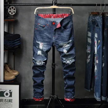 

Men Jeans Skinny Stretch Hole Retro Casual 2018 Spring Autumn Vintage Distressed Washed Slim Men Denim Straight Pants Pleated