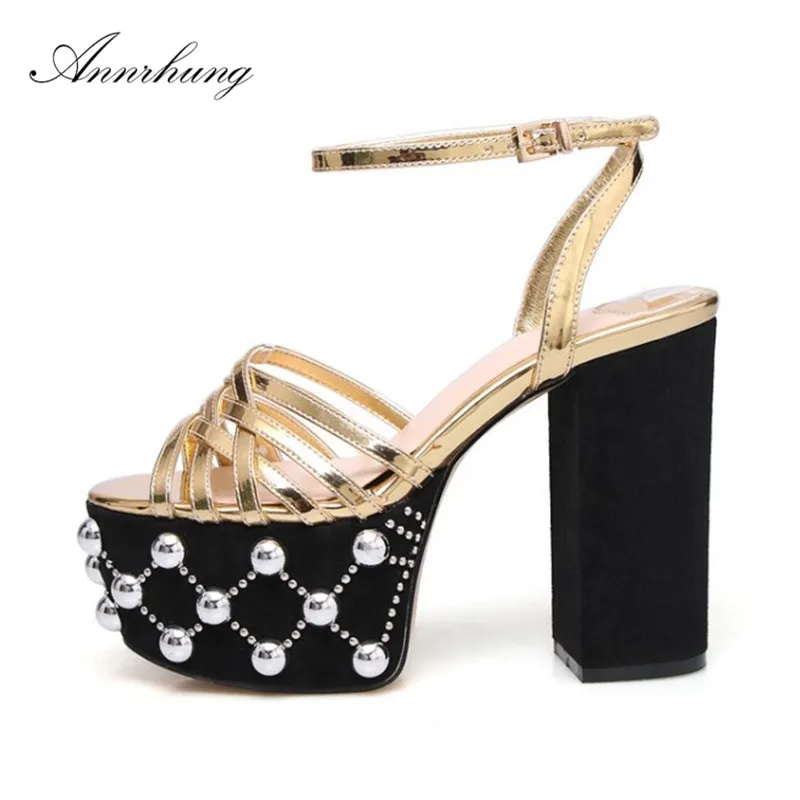 

Fashion Cross Narrow Band Gladiator Sandals Women 12cm Block Heel High Platform Beading Rivet Fashion Women Sandalias Mujer
