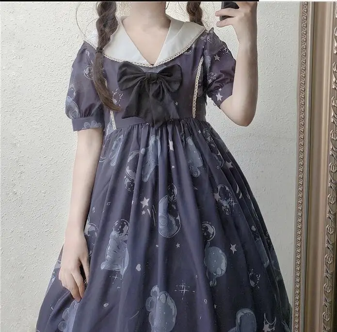 

Vintage cute printing sweet lolita dress lace bowknot navy collar victorian dress kawaii girl gothic lolita op cos loli