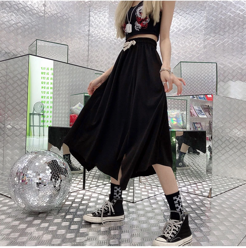 Асимметричная Длинная черная юбка-карго размера плюс на завязках с завышенной талией и неровным разрезом средней длины в Корейском стиле Харадзюку в винтажном стиле